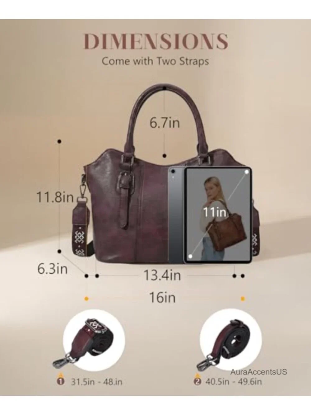 Vegan Leather Hobo Satchel Purse with Two Straps